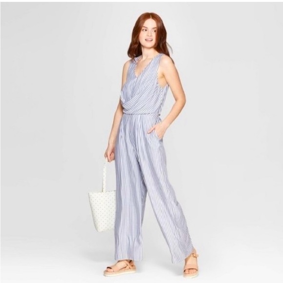 A new day blue white stripe draped jumpsuit with pockets small - Picture 1 of 4